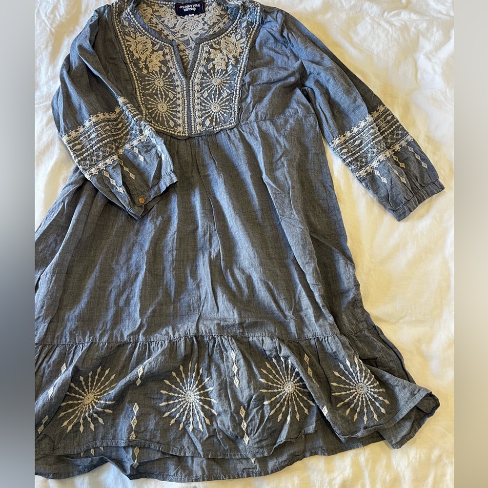 Johnny Was Ciro Chambray blue tunic dress with 3/4 sleeves